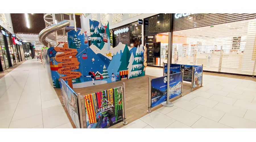 Habillage d'un kiosque de centre commercial - Promotion des stations du Mercantour