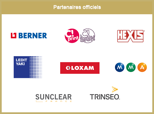Logos des partenaires de la 14e éditions du concours ICONA D'OR : Berner, C!Print, Hexis, Ledit Yaki, Loxam, MMA, Sunclear, Trinseo/Altuglas