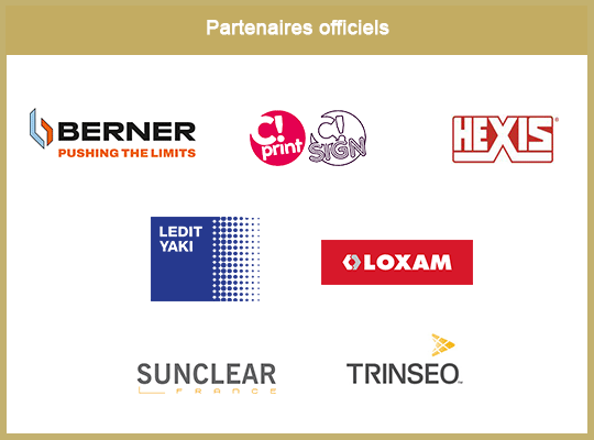 Logos des partenaires de la 14e éditions du concours ICONA D'OR : Berner, C!Print, Hexis, Ledit Yaki, Loxam, MMA, Sunclear, Trinseo/Altuglas