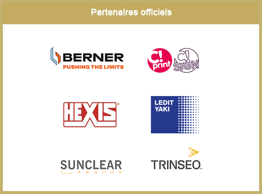 Logos des partenaires du concours ICONA D'OR : Berner, C!Print, Hexis, Ledit Yaki, Sunclear, Trinseo/Altuglas